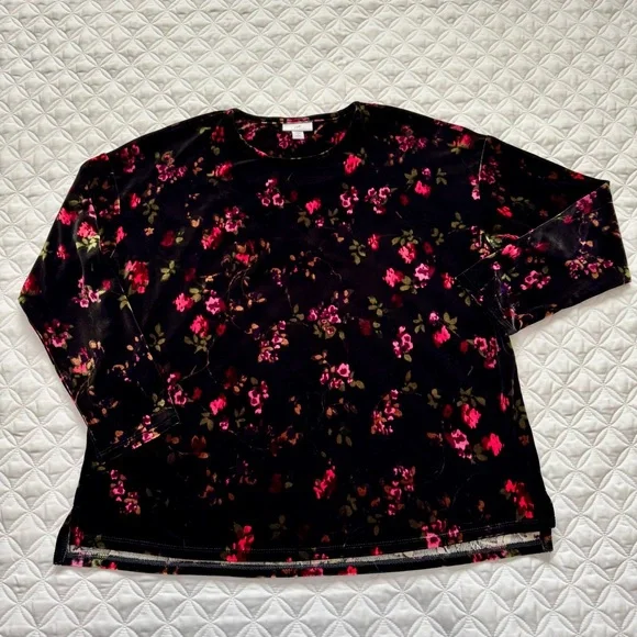 J.Jill Black Velour Long Sleeve Pullover Top Red Pink Floral Size SP - Picture 1 of 13